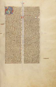 Initiale O: Das Opfer eines Lammes und ein Mann, der mit einem Jagdbogen zeigt
