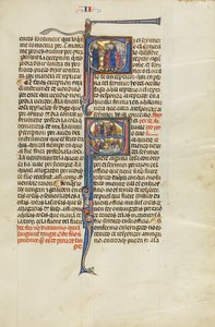 Initiale S: Ein Anwalt vor einer Gruppe von Männern; Initiale S: Ein Anwalt mit Mandanten vor einem Richter und ein Richter, Anwalt und Mandanten am Krankenbett eines Mannes von Unknown artist
