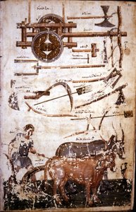 Instrumente zur Feldarbeit und ein Mann beim Pflügen - in „Scutum Herculis (Der Schild des Herakles)“ von Hesiod von Unknown artist