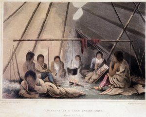 Inneres eines Indianerzeltes in Amerika - in „Narrative of a journey to the shores of the Polar sea in the years 1819-1821“, von John Franklin, ed. London