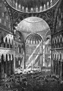 Innenansicht der Moschee von Hagia Sophia (byzantinische Kunst des 6. Jahrhunderts) in Konstantinopel im Jahr 1858.