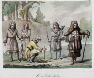 Kamtschadales Volk in Sibirien. In „Das alte und moderne Kostüm“ 1819-1820, von Ferrario