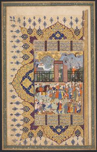 König Luhrasp besteigt den Thron: eine Prozession kommt am Hof an, recto des linken Blattes einer doppelseitigen Komposition aus einem Shahnama (Buch der Könige) von Firdausi (940-1019 oder 1025) von Unknown artist