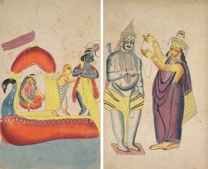 Krishna fährt Radha über den Yamuna-Fluss (recto); Parvati legt Shiva einen Hochzeitskranz um (verso)