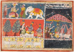 Krishna hebt den Berg Govardhan, aus einem Bhagavata Purana