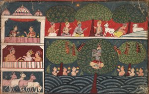 Krishna stiehlt die Kleider der Milchmädchen und erläutert die Tugend der Bäume, aus einem Braj Bhagavata Purana