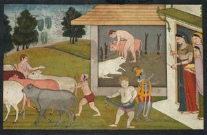 Krishna und Balarama treiben das Vieh zur Weide, aus einem Bhagavata Purana
