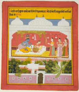 Krishna und Radha in einem Pavillon, aus einer Kopie der Siebenhundert Verse (Sat Sai) von Bihari