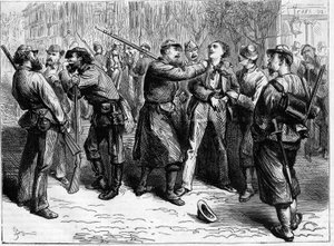 Die Pariser Kommune 1871. Verhaftung eines Wehrdienstverweigerers durch eine Truppe von Föderierten