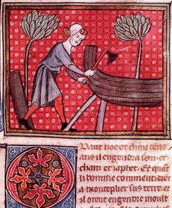 Der Bau der Arche Noah. Detail (illuminierte Seite des Manuskripts „Bible Historiale“ von Guiart Des Moulins 14. Jahrhundert) von Unknown artist