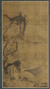 Landschaft: Berge und Wasser; eine Figur unter einem Kiefernbaum von Unknown artist