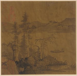Landschaft: Fluss und Boot, hohe Bäume und ferne Hügel von Unknown artist