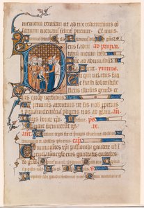 Blatt aus einem Stundenbuch mit einer historisierten Initiale D, die Christus vor Pilatus darstellt