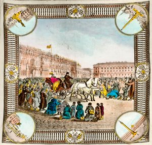 Befreiung der Leibeigenen durch Zar Alexander II. von Russland im Jahr 1861. Russische Schärpe der Zeit. Private Sammlung von Unknown artist