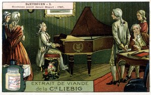 Liebig Chromolithographie. Ludwig van Beethoven spielt vor Wolfgang Amadeus Mozart. Hier im Jahr 1787. von Unknown artist