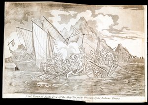 Leutnant Turner und Bootsbesatzung des Schiffes Tea, gefangen genommen von den Ladrone-Piraten