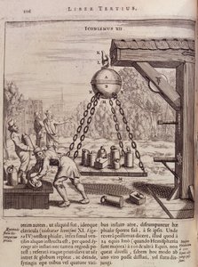 Beladung aufgehängter Magdeburger Halbkugeln - in „Ottonis de Guericke: Experimenta Nova Magdeburgica de vacuo spatio“ von Otto von Guericke von Unknown artist