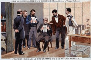 Louis Pasteur, ein französischer Wissenschaftler, zeigt das Programm seiner zukünftigen Arbeit, umgeben von Mitarbeitern - Schokoladenwerbung von Aiguebelle von Unknown artist
