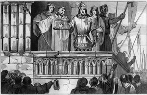 Ludwig VII. (1120-80) der Jüngere wirbt 1144 um Unterstützung für den Zweiten Kreuzzug - Ludwig VII. unternimmt den 2. Kreuzzug nach dem Rat von Bernhard von Clairvaux (San Bernardo di Chiaravalle) - Gravur 1825 in „Histoire de France“ von Unknown artist