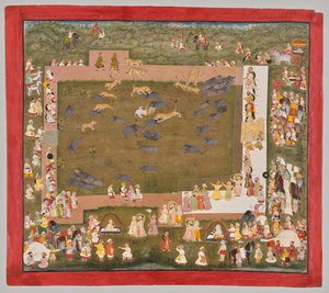 Maharana Sangram Singh II von Mewar (r. 1710–34) und veranstaltet eine Wildschweinjagd mit Tigern in Sadri von Unknown artist