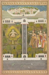 Mahliqa, Tochter des Kaisers von China, zeigt auf den Vogelmann Khwaja Mubarak: Ein Blatt aus einer poetischen Romanze über Shah Alam I (verso); Schablonierte Szenen von Löwe und Gazelle (verso) von Unknown artist