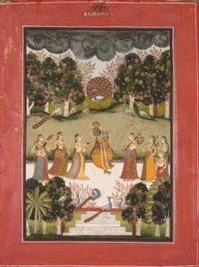 Malar Ragini: Krishna spielt die Flöte für sieben Gopis mit Musikinstrumenten, aus der Ragamala-Serie