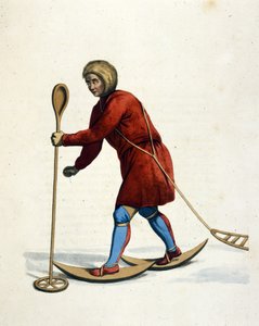 Mann des Ostiak-Stammes (Khanty oder Khante) (Sibirien) beim Skifahren. Gravur aus „Die Tracht des russischen Reiches“ London 1803
