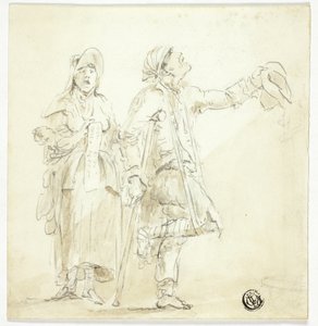 Bettler auf Krücken, mit Frau, die singt und ein Baby hält von Unknown artist