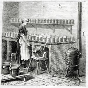 Herstellung von Camembert-Käse (Quark wird in Formen gegossen) - in „Die Wunder der Industrie“ von Louis Figuier von Unknown artist