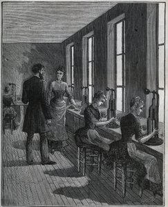 Herstellung von Metallfedern: Ausschneidewerkstatt in Frankreich im 19. Jahrhundert. Gravur von 1885 in „Les arts et métiers illustrés“ von Adolphe Bitard.