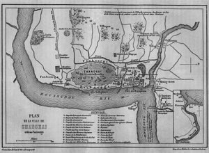 Karte der Stadt Shanghai im Jahr 1860, Ansicht der chinesischen Altstadt und der ausländischen Konzessionen im Jahr 1860. Karte in „Le Tour du Monde, Nouveau journal des Voyages“, herausgegeben von Edouard Charton, Paris