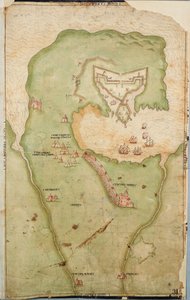 Karte von Smerwick, Irland, zeigt das englische Erdwerk mit zwei Kanonen zur Angriffe auf das spanische Fort und englische Soldaten, die aus Castell More marschieren