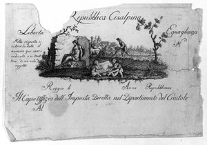 Karte der Cisalpinischen Republik, geschaffen von Napoleon Bonaparte am 27.06.1797 nach dem französischen Modell in Italien, die 1802 zur Italienischen Republik wurde. Die Werte der Französischen Republik sind darin verankert (Freiheit, Gleichheit). Gravur von Unknown artist