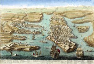 Karte des Hafens von Malta, seiner Befestigungen und des Schlosses. Gravur aus dem 18. Jahrhundert. von Unknown artist