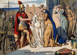 Heirat von Galeswinthe (567): Abreise von Galeswinthe zur Heirat mit Chilperic, Anführer der Neustrischen Franken. Chromolithographie aus der Serie „Patriotische Lehre durch Bild“
