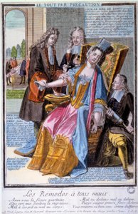Medizin: „alles aus Vorsicht“ Karikatur darstellend drei Ärzte, die eine junge Frau umgeben, die in Ohnmacht gefallen ist, und alle Arten von Behandlungen und Heilmitteln anbieten (Blutungen, Stiche, Einläufe, Tränke). Im Hintergrund verstecken Ärzte Schil von Unknown artist