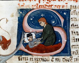 Medizin: Kranke Person heilt zu Hause. Detail. Manuskriptseite (ms.d.xxv) „Traktat von Galen“ (Trattato di Galeno) übersetzt von Nicola da Reggio, Philologe und Arzt. 14. Jahrhundert