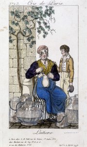 Milchmädchen gießt Milch in eine Flasche für einen jungen Mann - in „Cris de Paris“, Anfang 19. Jahrhundert