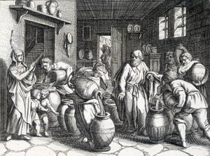 Wunder von Elisee, biblischer Prophet und Jünger von Elia, der mit seinem Mantel seinen Geist und seine Kräfte auf ihn überträgt. Gravur von 1724 von Unknown artist