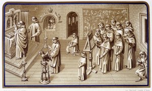 Mönche in einer Kapelle des Klosters: Gebet und Chor. Grisaille der Wunder Unserer Lieben Frau. Chromolithographie. 19. Jahrhundert von Unknown artist