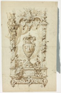 Monumentale Vase in Zierrahmen (recto); Skizze eines stehenden Mannes mit Sonnenschirm und Papagei, und Architekturstudien (verso)