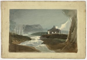 Mond über Hütte am Wasserfall (recto); Turm und strohgedecktes Stadthaus (verso) von Unknown artist