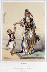 Maurische Frau begleitet von einem Kind zu Hause in Algier in der zweiten Hälfte des 19. Jahrhunderts. von Unknown artist
