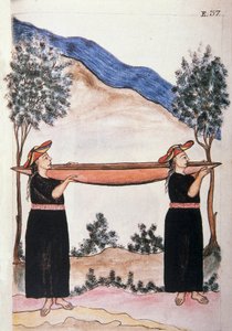 Moyobamba-Indianer tragen ihr Kanu, aus dem Buch "Trujillo del Peru" oder "Códice Martínez Compañón", von Baltazar Martinez Compañón y Bujanda, Bischof von Trujillo (1782-1785)