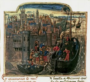NAVIGATION: Beladung eines Handelsschiffs, Ende des 15. Jahrhunderts (Miniatur) von Unknown artist