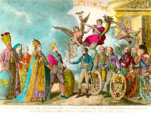 Napoleon Bonaparte (1769-1821) präsentiert den Olivenbaum des Friedens an alle Mächte Europas