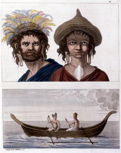 Einheimische von Osterinsel (Rapa Nui) in Polynesien, Mitglieder des Langohren-Clans. Unten eines ihrer Boote. - in „Das alte und moderne Kostüm“ von Jules Ferrario von Unknown artist