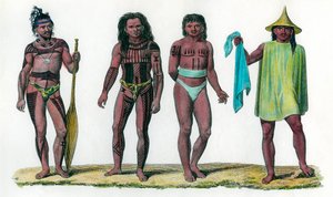 Natürliche Inseln von Iros Penelap und Aouara, Bevölkerung des ozeanischen Kontinents. Kupferstich des 18. Jahrhunderts. Private Sammlung. von Unknown artist