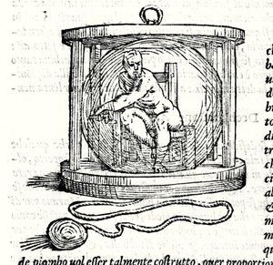 Nicoli Fontanas zweiter Anzug genannt Tartaglia. Er sieht eine Kristallkugel vor, in der sich der Taucher einschließt. Gravur 16. Jahrhundert