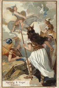 Nordische Mythologie: Die Walküren (jungfräuliche Kriegerinnen) in Valholl (oder Walhalla, Valhalla, Valhalle: Ort, an dem tapfere Krieger gebracht werden) und der Fall der Krieger im Kampf. Chromolithographie des 19. Jahrhunderts von Unknown artist